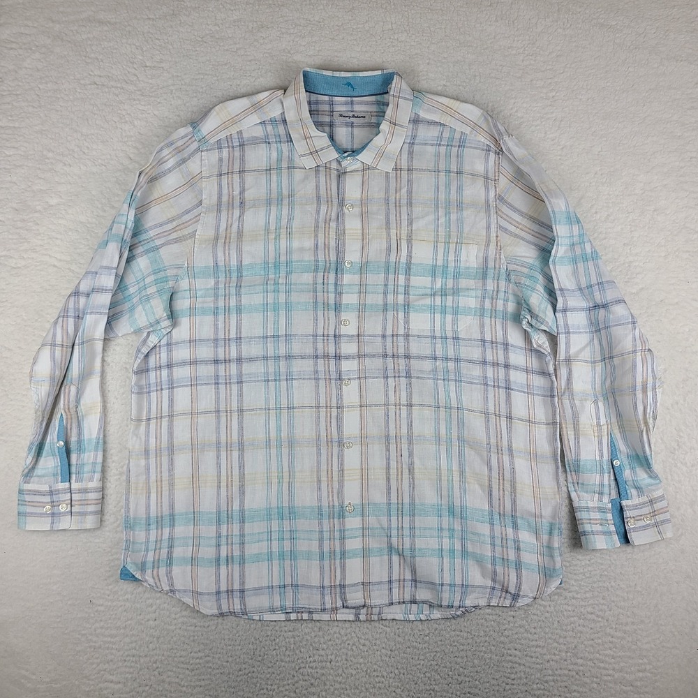 Tommy Bahama Shirt Mens 2XL XXL Blue White Plaid 100% Linen Dress Button Up